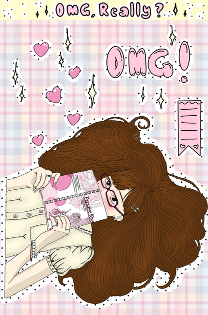 Cartoon character with long brown hair and a pink notebook on a plaid background with 'OMG' text.