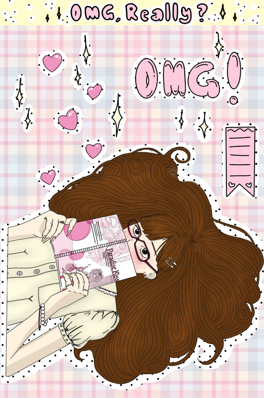 Cartoon character with long brown hair and a pink notebook on a plaid background with 'OMG' text.