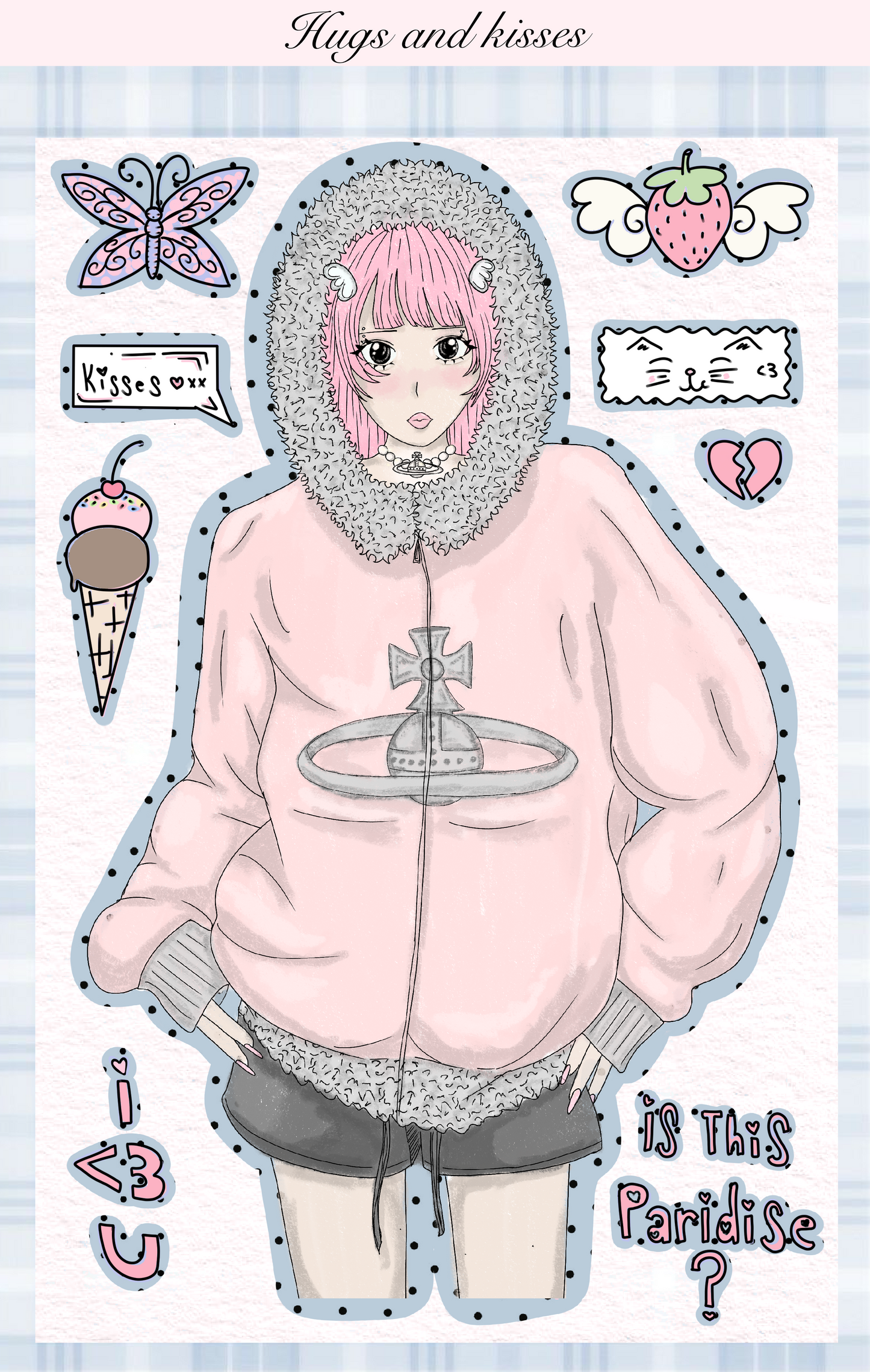 Illustration of a person wearing a pink hoodie with text and graphics around them on a light blue background.
