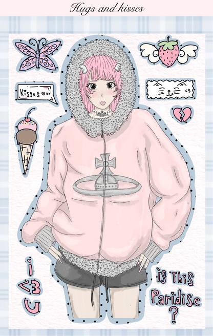 Illustration of a person wearing a pink hoodie with text and graphics around them on a light blue background.
