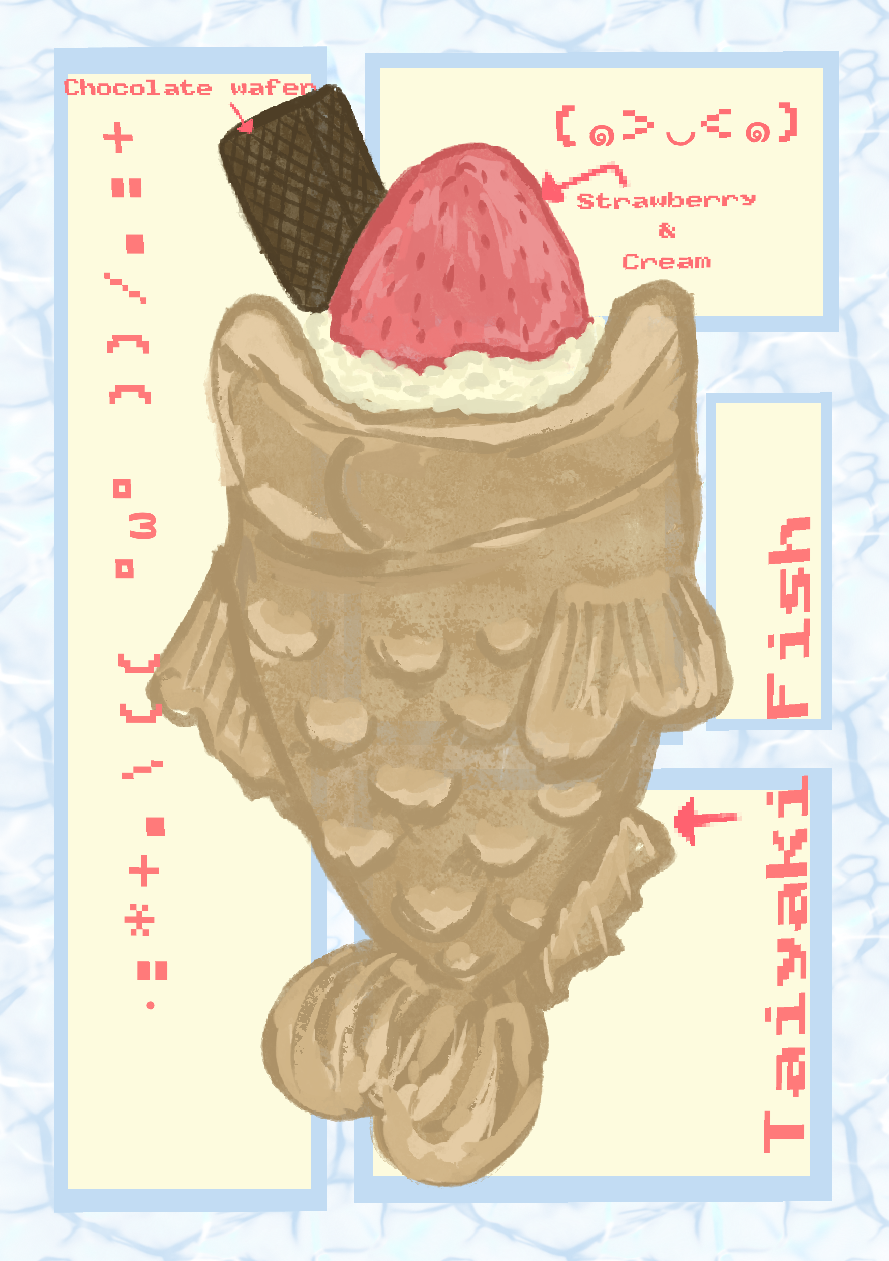 A stylized illustrated food sign or poster showing a fish-shaped taiyaki pastry with a strawberry and cream topping, plus red text labels reading 'Chocolate wafer,' 'Strawberry & Cream,' and 'Taiyaki Fish.' The artwork has a pale blue marbled background and cream panels.
