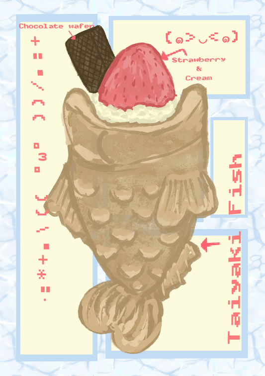 A stylized illustrated food sign or poster showing a fish-shaped taiyaki pastry with a strawberry and cream topping, plus red text labels reading 'Chocolate wafer,' 'Strawberry & Cream,' and 'Taiyaki Fish.' The artwork has a pale blue marbled background and cream panels.