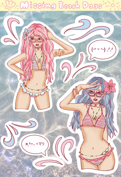 Two animated characters in swimsuits with speech bubbles on a beach-themed background.