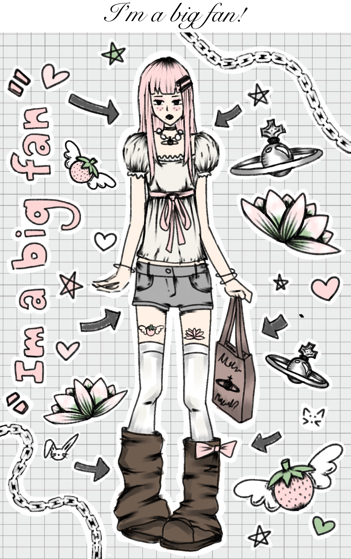 An anime-style fashion illustration of a girl with pink hair, wearing a white ruffled blouse, gray shorts, white thigh-high socks, and brown boots, holding a bag. The background is lined notebook paper with doodles of lotus flowers, strawberries, stars, arrows, and the text 'I'm a big fan!' and 'I'm a big fan!!'.