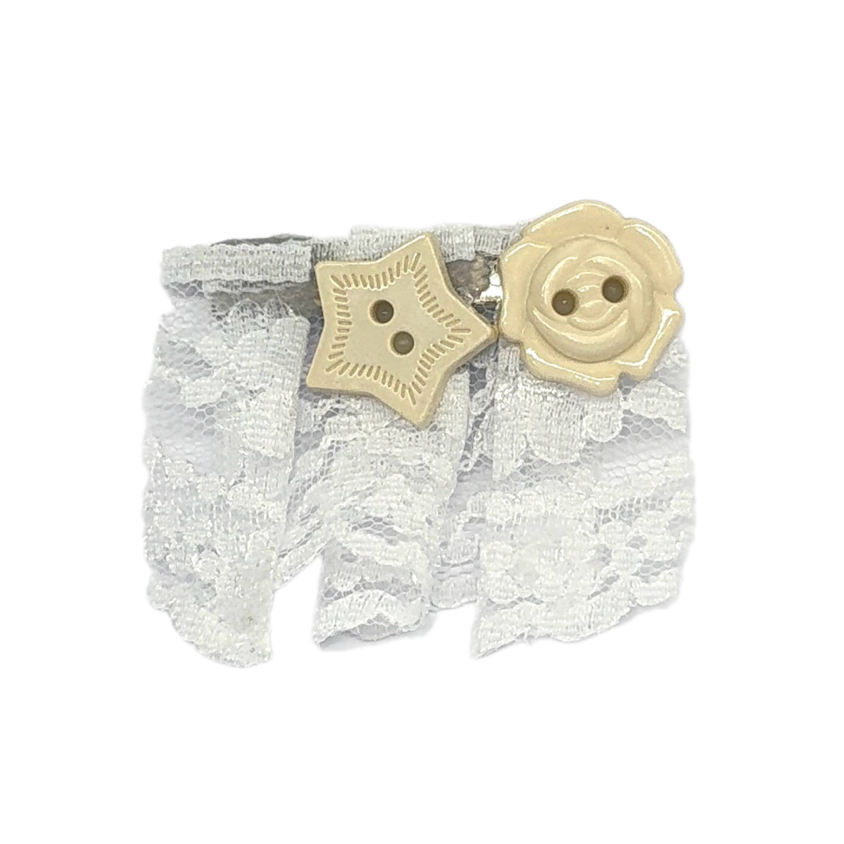 White lace wristband with a beige star-shaped and rose-shaped button embellishment, shown on a plain white background.