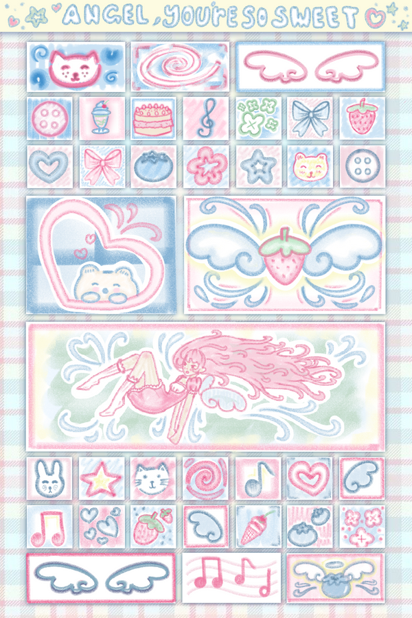 Collection of cute, pastel-colored illustrations on a light pink background